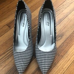 gingham or checkered print low closed toe heels